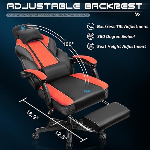 Gaming Chair for Adults, Video Game Chair with Footrest, Big and Tall Gaming Chair Heavy Duty Computer Chair with Massage Lumbar, Ergonomic Adjustable Height and 360° Swivel Seat, PU Leather, Red