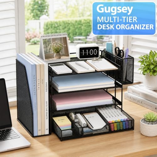 4-Tier Desk File Organizer with Drawer & Pen Holder (Black)