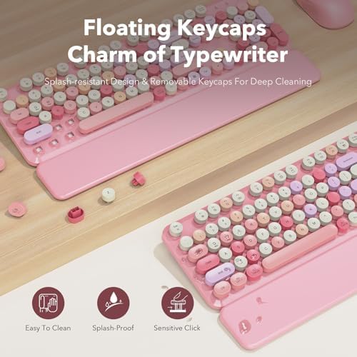 Wireless Keyboard and Mouse Combo, Round Keycaps, Magnetic Wrist Rest, Pink