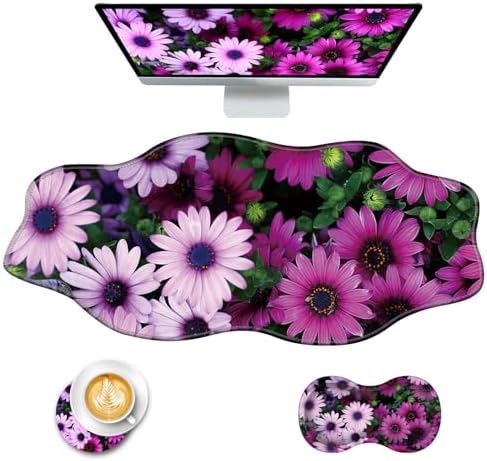 Mouse Pad with Wrist Support + Desk Mat + Coaster 3 in 1 Set, XXL Large Gaming Mousepad Ergonomic Mouse Pads for Desk Computer Laptop Office,African Daisy