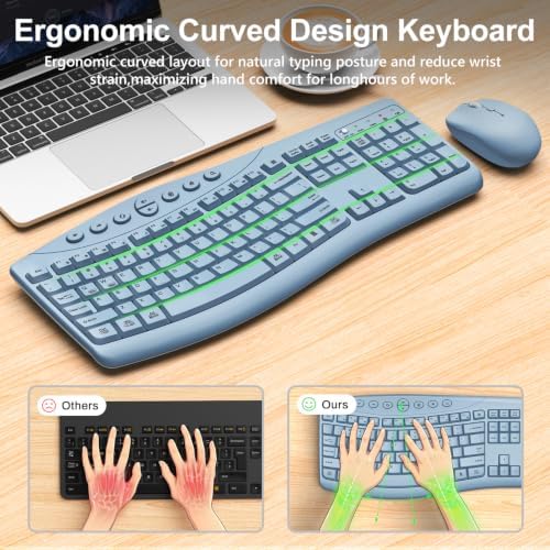 Wireless Keyboard and Mouse Combo, 2.4G Quiet Ergonomic Curved Keys(Blue)