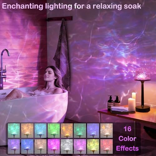 Cordless Shower Lamp,Bedside Lamp,Touch Ocean Wave Projector Light,3 Way Color Temperature,16 Color Changing Light,Dimmable,Rechargeable Aurora Night Lights for Bedroom Bathroom, Waterproof