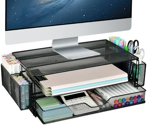 AUPSEN 2 Tier Computer Monitor Stands with Drawer and 2 Pencil Holder, Metal Monitor Stand Monitor riser, Computer Desk Organizer and Accessories for Laptop, Computer, Printer, Office Supplies(Black)