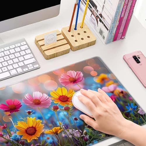 Floral Desk Mat Pink Yellow Blue Aesthetic Desk Pad Flower Plant Extended Mouse Pad Large Gaming Mousepad XL Laptop Computer Mouse Keyboard Mat 31.5 x 11.8 in for Office Desk Decor