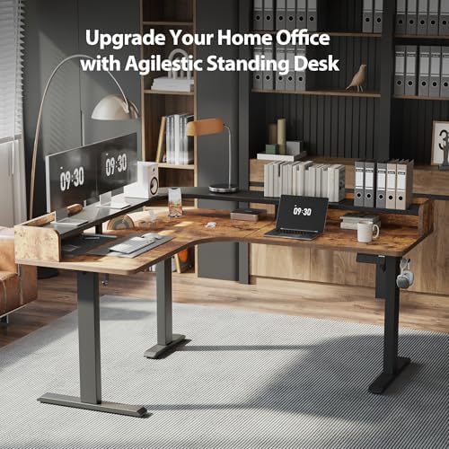 Agilestic L Shaped Standing Desk with Monitor Shelf, 63 Inch, Rustic Brown