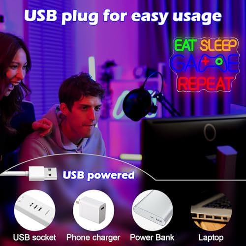 Eat Sleep Game Repeat Neon Sign Gaming LED Sign for Boys Room USB Powered Light Up Gamer Sign Decor for Man Cave Bar Bedroom Gaming Room Neon Wall Art for Men Gifts for Boys