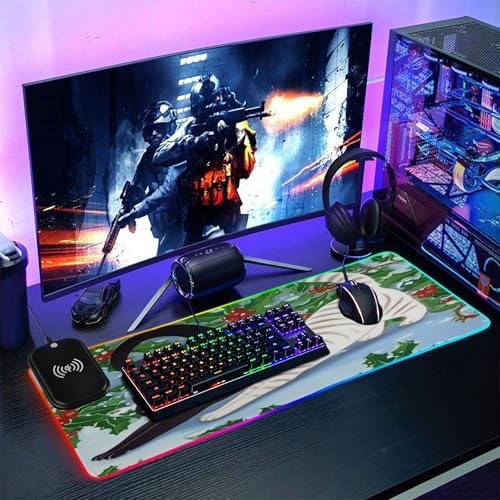 15W Wireless Charging Mouse Pad for Desk Cat Stretching RGB Gaming Mouse Pad Mat with 14 Light Modes & Non-Slip Rubber Base Smooth Surface for Gaming PC Laptop