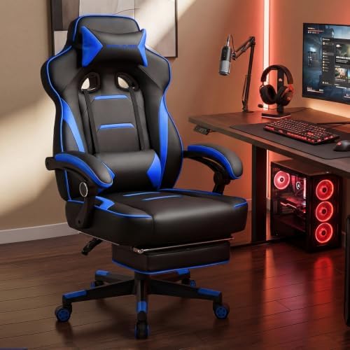 GTPLAYER Gaming Chair with Footrest, 350LBS Big and Tall Office Chair, Ergonomic High Back Lumbar Support and Recliner for Back Pain Relief, Blue