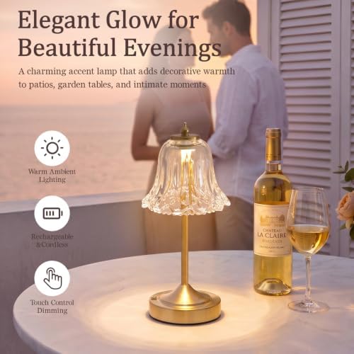 Cordless Table Lamp, Rechargeable Clear Glass Tulip Flower Touch Lamp