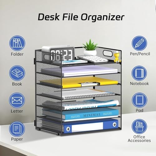 7 Tier Paper Organizer for Desk with Mesh Letter Trays and Handle 2 Pack