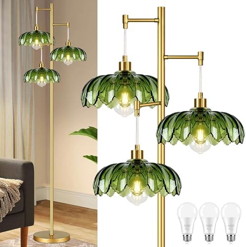 ZECOXOL Gold Floor Lamps for Living Room Bedroom-3 Light Glass Floor Lamp with Three Led Bulb,Mid Century Standing Lamp Vintage Brass Tall Lamp Tree Floor Lamp for Bedroom Corner