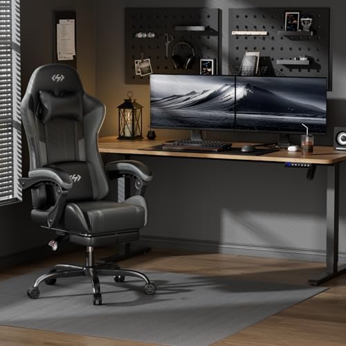 HLDIRECT High Back Gaming Chair, USB Massage Lumbar Support, Black&Grey