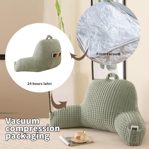 Reading Pillow with Arms for Sitting in Bed,Backrest,Green Flannel,M