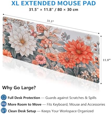 Extended Minimalist Flowers Desk Mat, XL Large Gaming Mouse Pad, Aesthetic Florals Stitched Edges Waterproof with Non-Slip Rubber Base for Computer Keyboard Laptop Work Home Office 31.5"x11.8"