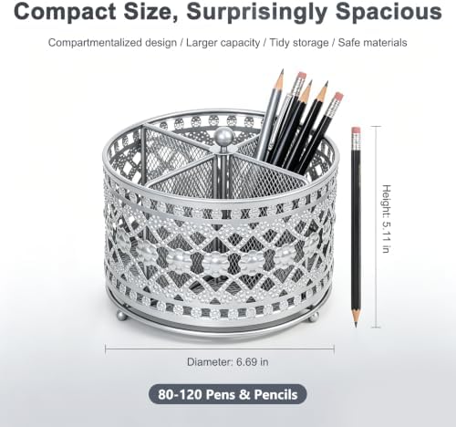 Pen Holder for Desk, 360 Degree Rotating Pencil Holder (Silvery)