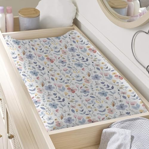 Spring Summer Pastel Flowers Leaves Baby Changing Pad Cover, Unisex Floral Nursery Diaper Changing Table Pad Mat Sheet for Boys Girls-16x32