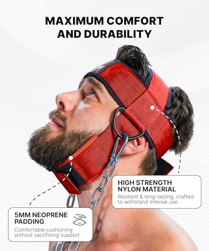 DMoose Fitness Neck Harness for Weight Lifting - Soft Padded Head & Chin Strap with 30" Heavy Duty Steel Chain - Neck Exerciser, Trainer & Strengthener to Support Injury Recovery and Intense Workouts