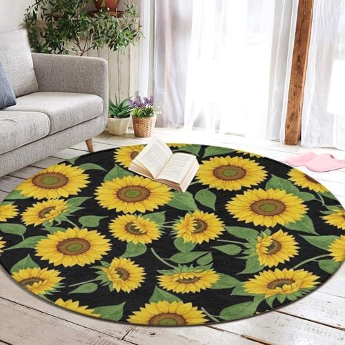 Fashion Round Area Rug Large Non Slip Carpet Unisex Home Decor Mat Beautiful Sunflower Yellow Flowers Green Leaves Black Floral, 36inch