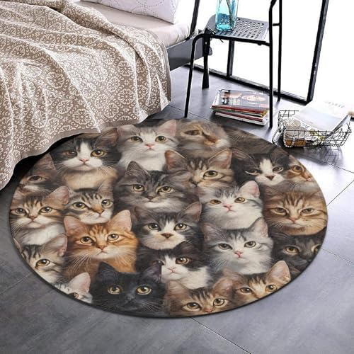 Large Machine Washable Circular Rugs, Home Decor Round Mat for Living Room Sofa Office Cute Cats