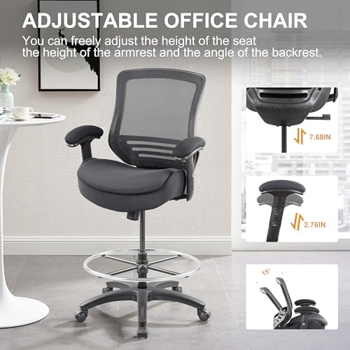 400lbs Office Drafting Chair Wide Dual Seat Cushion for High Standing Desk with Lumbar Support and Enlarged Adjustable Footrest-Black