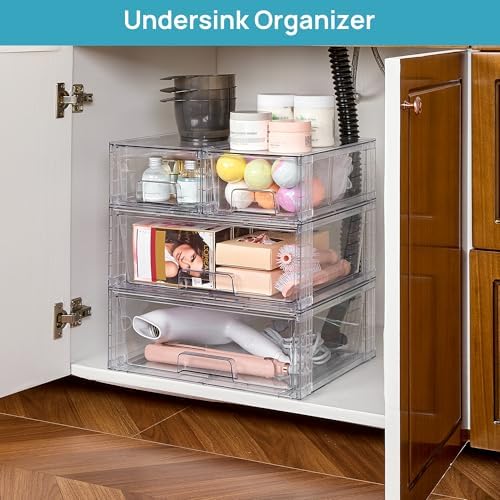 Vtopmart Clear Stackable Storage Drawers, 3 Pack Wide Organizer Set