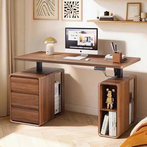 55" Wood Electric Standing Desk with Drawers and Storage Shelves