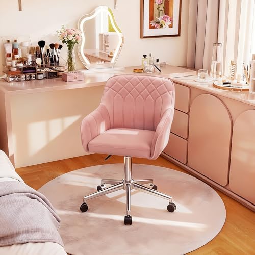 VECELO Modern Velvet Swivel Home Office Desk Chair with Back & Rolling Wheels, Adjustable Seat Height for Girls Women Bed Room Vanity Makeup/Task/Computer Work, Pink