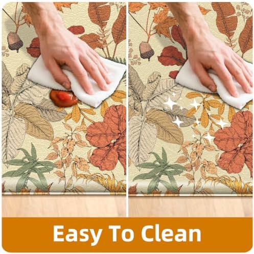 2Pc Botanical Kitchen Rugs Set, Orange Brown 17.3"x28" + 17.3"x47"