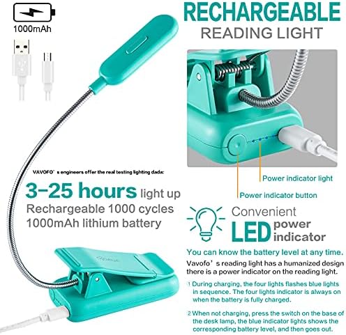 VAVOFO Clip On Rechargeable Reading Light, 7 LEDs with 3 Colortemperature 9 Brightness Levels Book Lights for Reading in Bed with Power Indicator for Bookworms (Blue 2-Pack)
