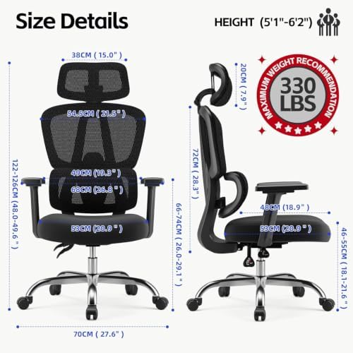 Office Chair Ergonomic Desk Chair Breathable Mesh Chair with Lumbar Support & Headrest, Black Office Chair 330 Lbs Home Computer Chair Thickened Cushion for Adults & Women (Small Chair)