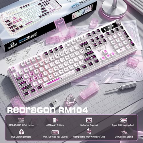 Redragon RM104 Wireless Gaming Keyboard with Knob, Tri-Mode BT/2.4G/USB-C RGB Computer Keyboards, 4000mAh Battery, Programmable Software Support, Anti-Ghosting, Compatible with PC Mac - Pink & White
