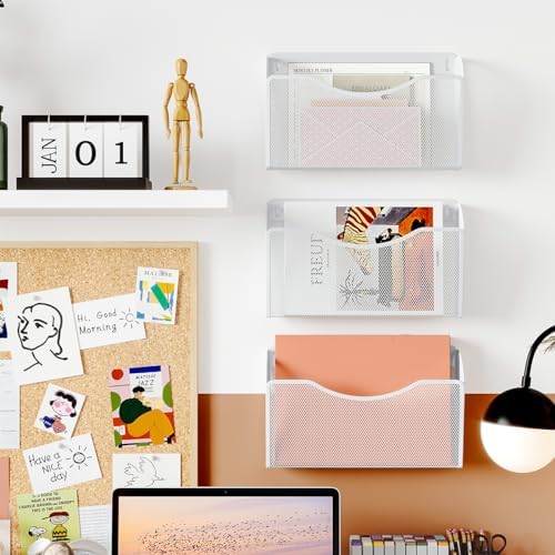 PAG-Mass 6 Pockets Wall File Holder Office Hanging File Organizer Metal Wall Mount Magazine Rack, White