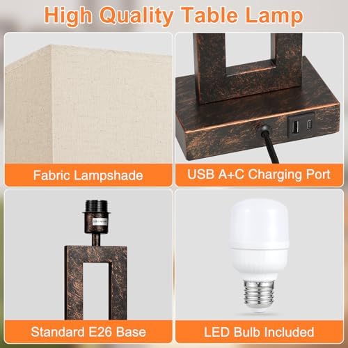 Seealle 22" Tall Living Room Lamps for Night Stands - Touch Bedside Lamp with USB C+A, 3 Way Dimmable Bedroom Lamps for End Tables Set of 2, Modern Night Stand Lamp for Bed Side(Beige&Brown)
