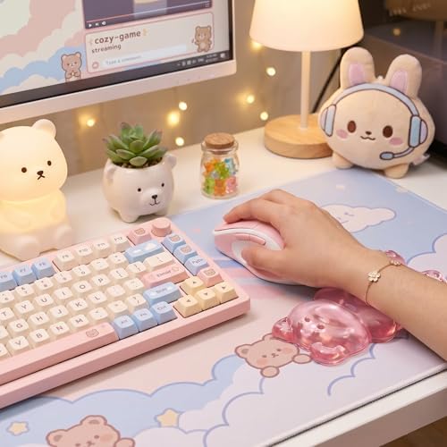 Gel Wrist Rest for Keyboard and Mouse Transparent Pink Bear Elbow Pad Cushion Ergonomic Cute Clear Cool Mouse Wrist Pad Silicone Non-Slip Support for Computer Gaming Home Office Women Hand Pillow