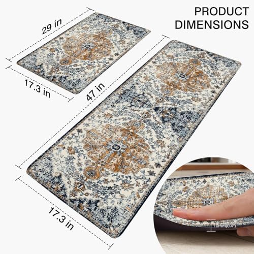 Boho Kitchen Mats, 2PCs, 17.3"x47"+17.3"x29", Dark Blue & Orange