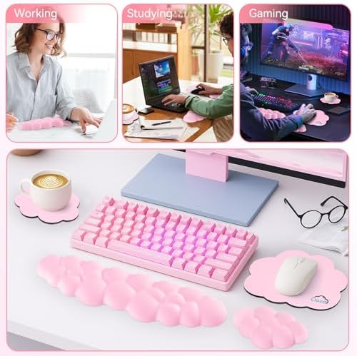 Sushret Cloud Wrist Rest for Computer Keyboard and Mouse Pad Set, Pink