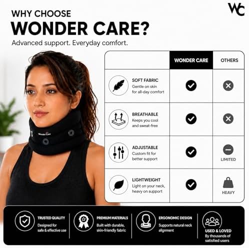 Wonder Care Neck Brace for Sleeping Cervical Collar Adjustable Neck Support Brace Relief Cervical Spine Pressure Ideal for Travel, Office Workers & Neck Injury Recovery, Medium
