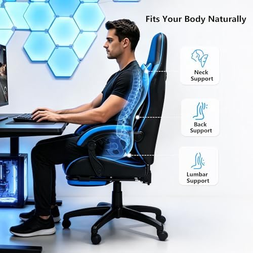Big and Tall Gaming Chair with Footrest, Ergonomic Computer Desk Chair with Lumbar Support & Headrest, High Back PU Leather Gaming Office Chair, Reclining Swivel Task Chair for Office or Gaming