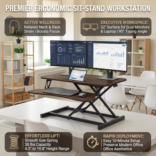 Standing Desk Converter 32" - Sit to Stand Desk Converter for Dual Monitors - Height Adjustable Desk Riser for Standing - Home Office & Corporate Use - Relieve Back Pain(Walnut)