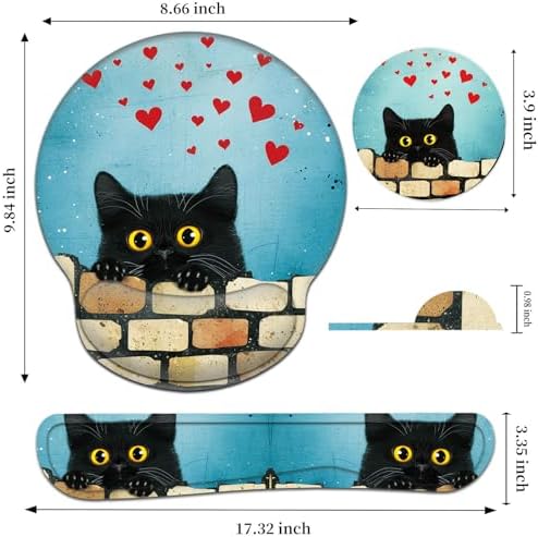 Keyboard Wrist Rest and Mouse Pad Wrist Support Set with Coaster,Comfortable for Easy Typing,Pain Relief,Memory Foam Keyboard Pad Set for Laptop Mac,Cute Black Cat