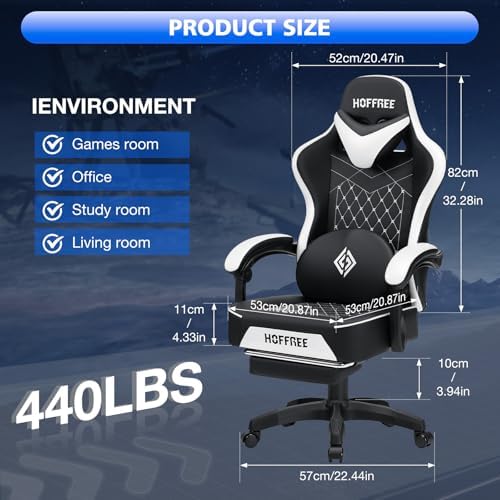 HOFFREE Gaming Chair Computer Chair with Speakers Massage Game Chairs with Footrest Bluetooth High Back Ergonomic Computer Gaming Chairs for Adults Reclining Video Gamer Chair White and Black