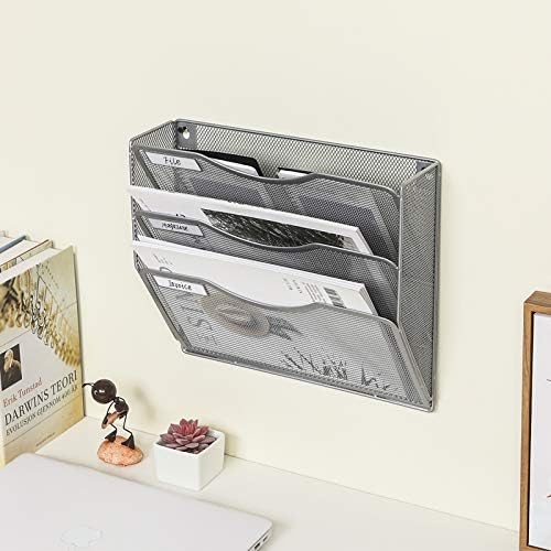 EasyPAG 3 Pocket Mesh Wall File Organizer, Hanging Paper Folder Holder with Classify Label, Vertical Wall Mount Mail Organizer for Office Home Classroom, Silver