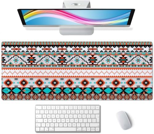 Large Gaming Mouse Pad with Stitched Edges, Colorful Aztec Pattern Desk Mat, Extended XL Keyboard Pad, Non-Slip Rubber Base Desk Pad for Keyboard and Mouse, 31.5X11.8 inch