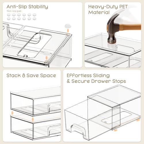 Criusia Stackable Storage Drawers, 3 Pack Clear Acrylic Makeup & Bathroom Organizer, Versatile Storage Bins for Vanity, Under Sink, Kitchen Cabinets & Pantry