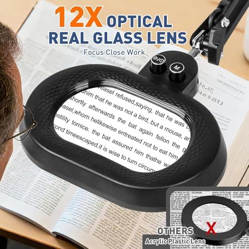 KIRKAS Magnifying Glass with Light 3-axis Rotation, 35in Long Arm 12X