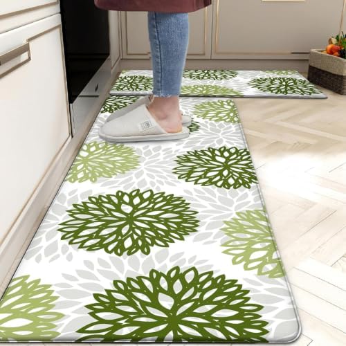 Kitchen Mats Set of 2 Cushioned Anti Fatigue Kitchen Rugs Non Slip Waterproof Kitchen Runner Memory Foam Kitchen Floor Mat Comfort Standing Mat for Sink,Office,Laundry, Green