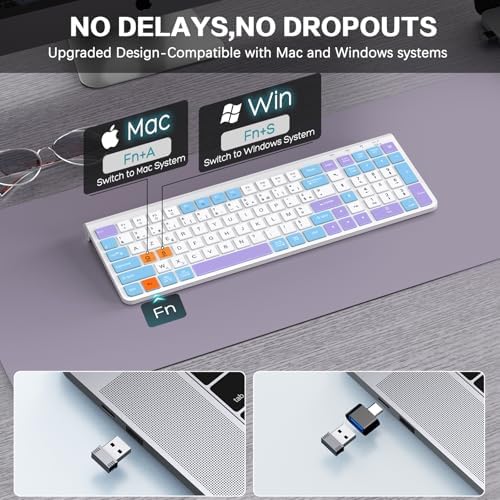 GAMCATZ Colorful Wireless Keyboard with Low-Profile Keys-Soft Touch,Cute,Quiet Design,Windows & Mac OS，Office Cordless Slient Computer Keyboard for Desktop,Laptop, PC, Mac, Windows-Purple Blue White