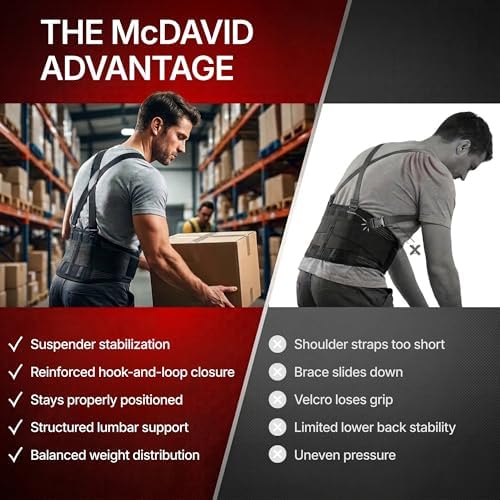 McDavid Back Brace with Suspenders, Adjustable Lumbar Support with Steel Stays for All-Day Lower Back Stability and Pain Relief Black