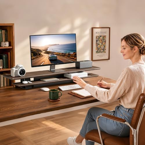 Dual Clamp-On Wooden Monitor Stand, 41.7" 2-Tier Desk Riser Organizer