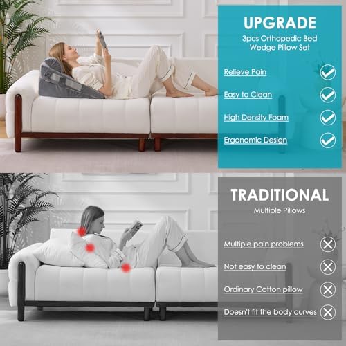 3Pcs Wedge Pillow Set for After Surgery,Acid Reflux Relief, Adjustable Bed Wedge Pillows for Sleeping,Anti Snore, Memory Foam Triangle Pillow for Back&Neck&Shoulder Pain Relief, Grey